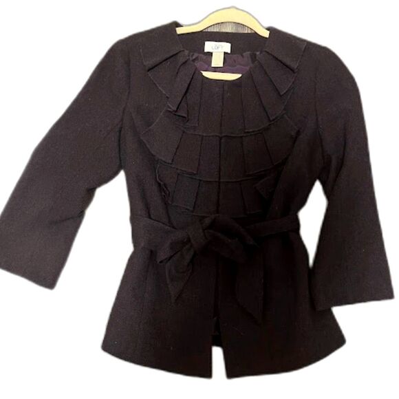 Loft Jacket 6 Brown Belted Wool Blend Ruffle Neckline Classic Feminine Blazer - Picture 2 of 8